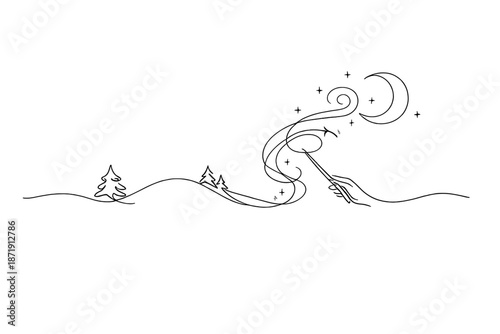 Image Generation. Winter sorcery moon scene. Minimalistic one-line drawing winter night scene suggesting