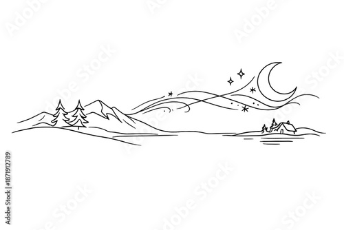 Nordic Moonlit Elegance. Nordic winter moonlight spell scene. Minimalistic one-line drawing Nordic-inspired
