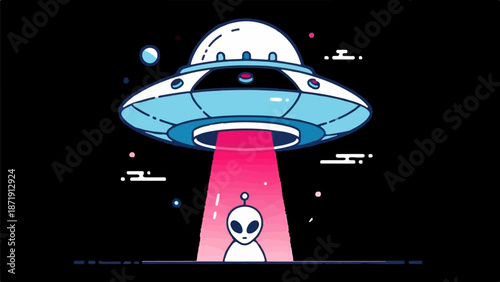 Whimsical alien abduction scene with a retro flying saucer