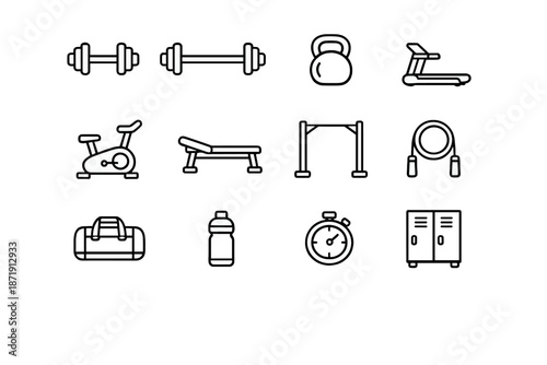 Image Generation. Gym Icons. Line outline icon set of gym icons: dumbbell, barbell, kettlebell, treadmill,