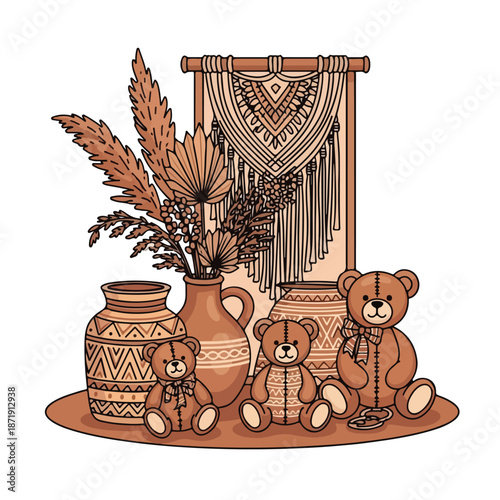 A still life with teddy bears and pottery