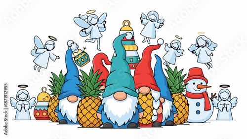 Whimsical gnomes and angels frolic with pineapples and a snowman