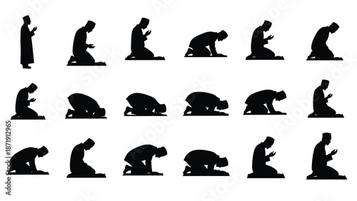 of a muslim man performing different prayer positions in black white white with islam and religion and faith Silhouette vector on whit Background