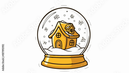 Whimsical golden house inside a snow globe with falling snowflakes