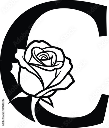 Elegant Black Letter C decorated with a black rose flower logo.