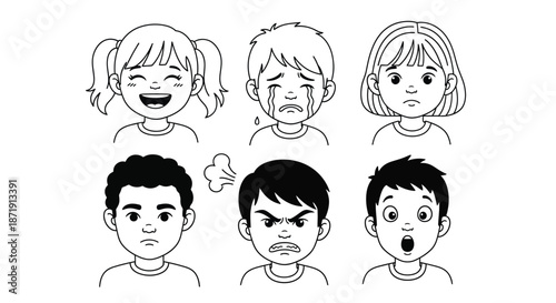 Illustrations of six children displaying different facial expressions and emotions