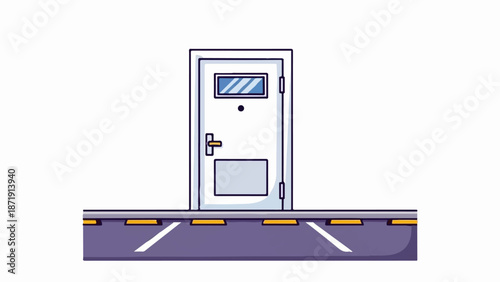 White door with window and handle, positioned above a parking lot with yellow stops