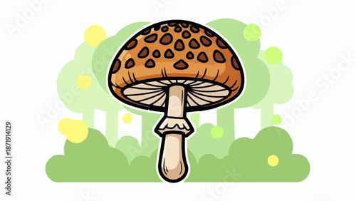 Whimsical cartoon toadstool mushroom with spotted cap and layered stem, surrounded by green foliage and yellow dots