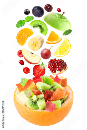 Set Fruit Juice salad isolated on white