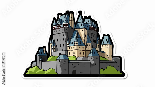 Whimsical cartoon illustration of a grand stone castle with many towers and turrets, set against a white background
