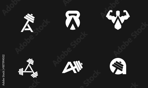Fitness Gym Logo Designs: Creative Letter A with Barbell, Kettlebell, and Strongman Icons for Branding