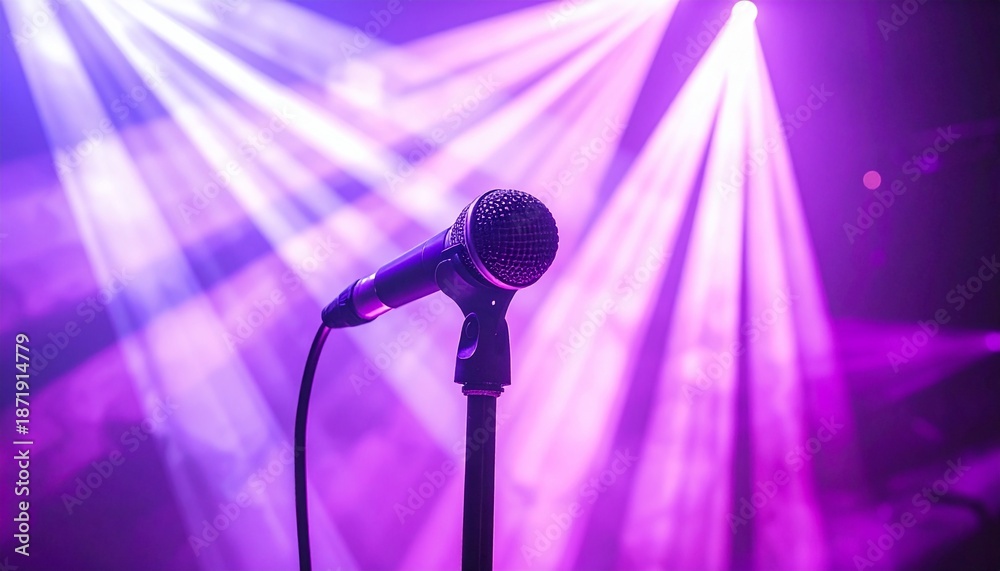 Obraz premium Microphone on stand, lit by stage lights in purple and white, dramatic perspective