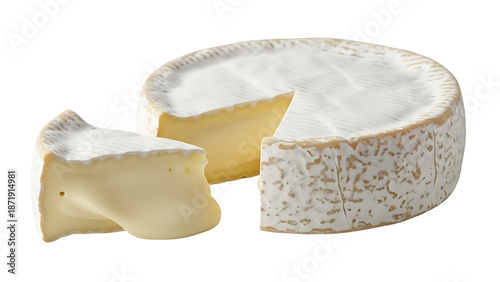 Round whole brie cheese wheel with piece cut out showing texture