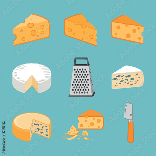 Assorted collection of various cheese types alongside essential kitchen grating and cutting tools for culinary preparation