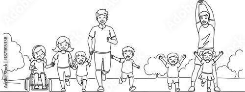 Happy diverse group of adults and children enjoying outdoor physical activity together showcasing inclusion and family fun during exercise.