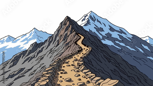 Winding stone path leads up a rocky mountain ridge toward snow-capped peaks