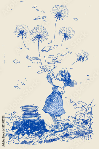 Whimsical Girl with Dandelion in a Serene Nature Setting