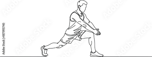 Single line continuous drawing illustrates an athlete performing a deep lunge stretch routine for warming up before intense exercise or sports training