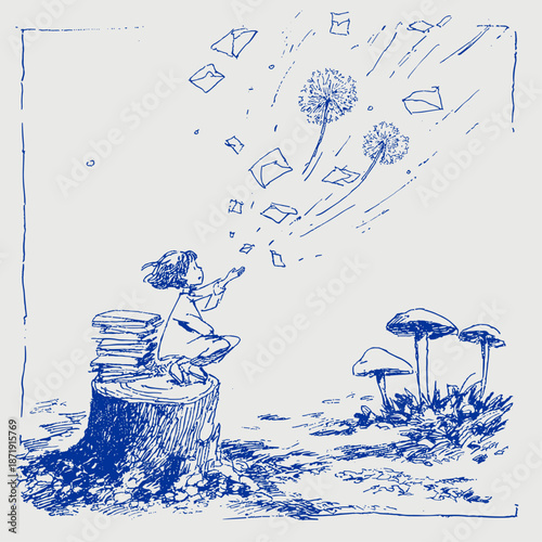 Whimsical Girl with Dandelion in a Serene Nature Setting