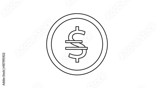 A simple line drawing of a coin with a dollar sign on a white background