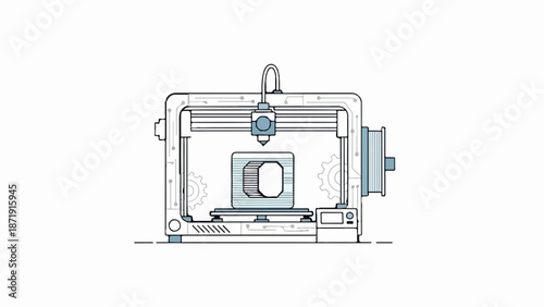 Wireframe style 3D printer creating a geometric object on its platform