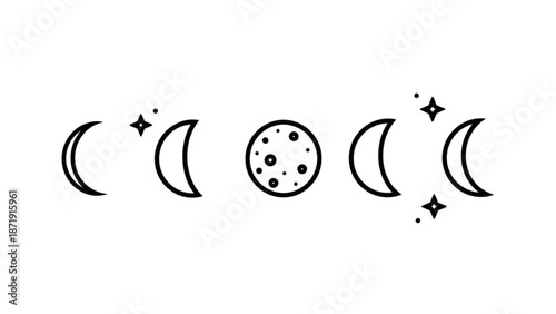 A minimalist vector graphic illustration of the lunar cycle phases with stars