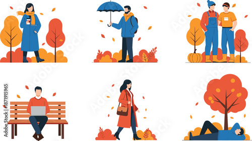 Collection of people enjoying autumn activities with trees, leaves, and seasonal outdoor scenes in modern flat vector style