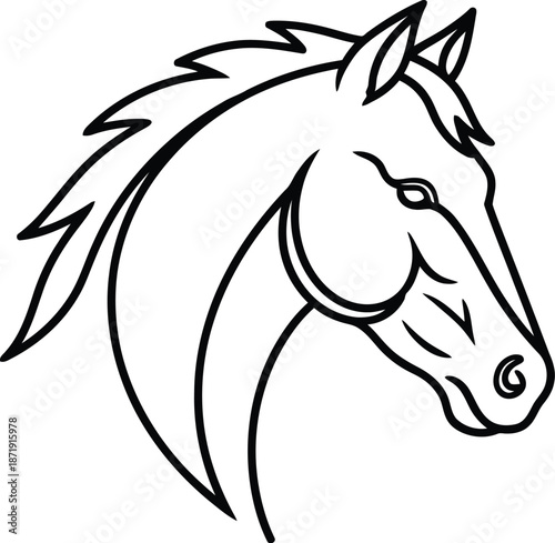 Striking minimalist black outline drawing depicting the noble head and flowing mane of a powerful equine mascot design ready for branding.