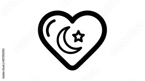 A minimalist heart icon with a crescent moon and star on a white background