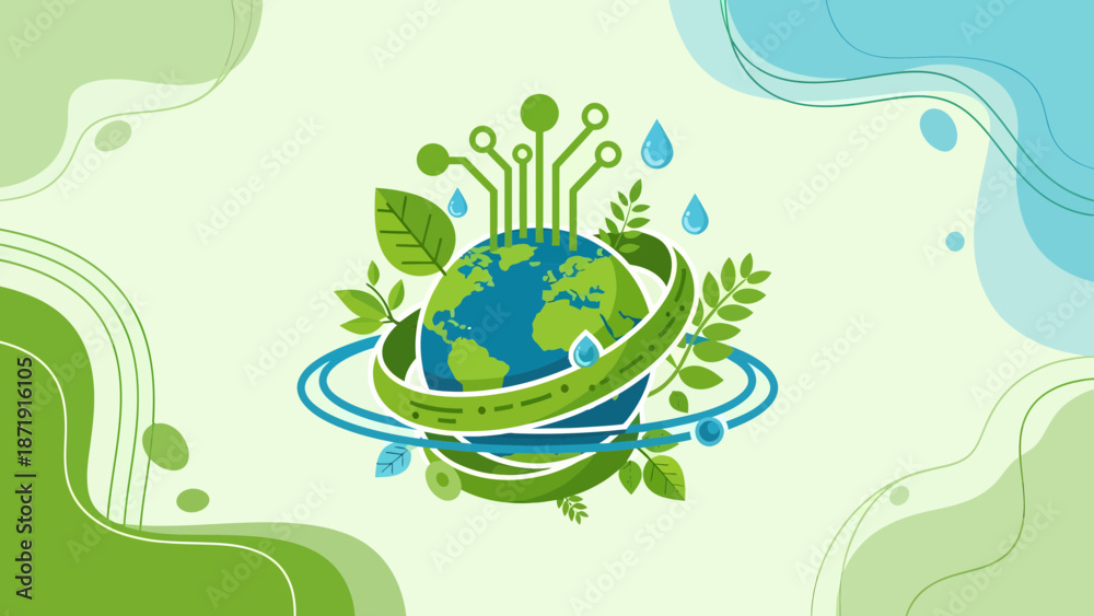 Fototapeta premium Earth Day Illustration Globe with Tech Connections and Greenery.