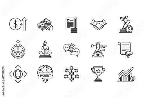 Startup innovation and investment thin line icon set for venture and fintech concepts