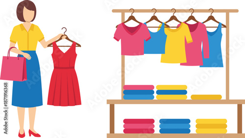 Woman shopping for clothes with dresses, shirts, and folded garments displayed on rack illustrated in modern fashion retail vector style