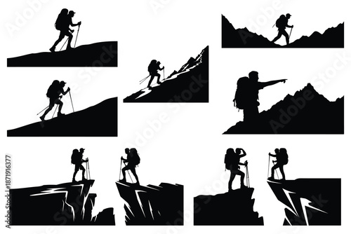 Silhouette Hikers Climbing Mountain Peaks adventure