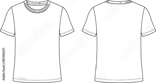 Basic t shirt, front and back view, technical fashion flat, vector line art, apparel design template illustration cad