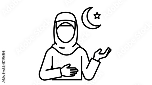 A minimalist line art illustration of a woman wearing a hijab with a crescent moon and star symbol