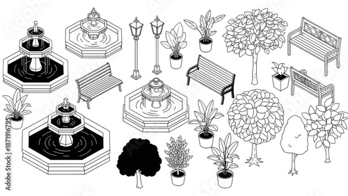 Black and white illustration of park elements including fountains benches trees and street lamps.