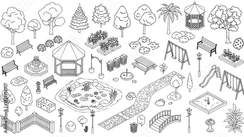 Collection of park elements including trees, benches, and playground equipment.