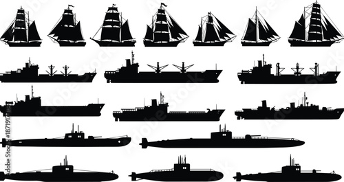 Ship and submarine silhouette collection, sailing vessels cargo ships and naval submarines, black vector illustration set isolated on white background