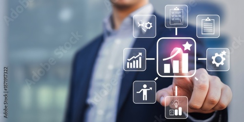 Growth at Your Fingertips: A businessperson's hand interacts with a digital interface, symbolizing growth, planning, and achieving business goals.