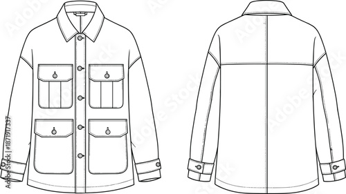 Utility field jacket, front and back view, technical fashion flat, vector line art, outerwear design template illustration cad