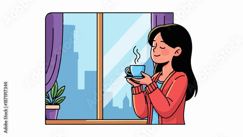 Woman enjoying a warm drink by the window, with city skyline view