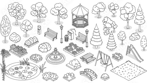Collection of black and white illustrations of park elements and scenery.