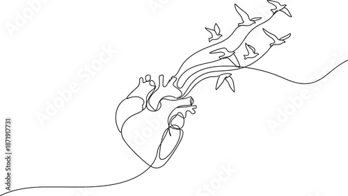 Minimalist continuous line art drawing depicts a human heart releasing several birds into the open white space symbolizing freedom and spiritual release