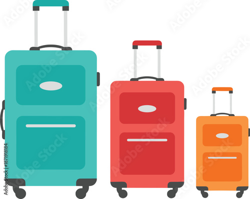 Set of colorful rolling suitcases in different sizes illustrated in modern travel luggage vector style for vacation themes