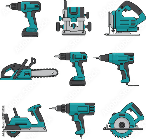 Collection of electric power tools including drills, saws, routers, and cutters illustrated in detailed modern workshop vector style