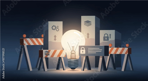 Conceptual illustration of a bright idea overcoming obstacles and security barriers with a padlock icon symbolizing protection