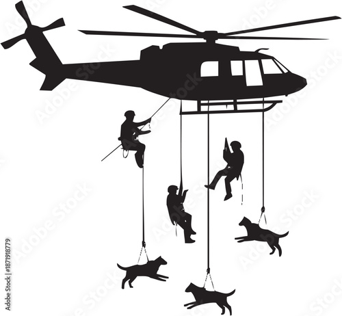 Ícono de operación aérea con helicóptero, personas y perros descendiendo en estilo gráfico. Trazo editable.