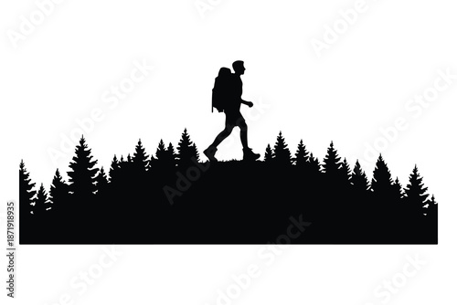 Silhouette of Hiker with Backpack on Mountain Ridge
