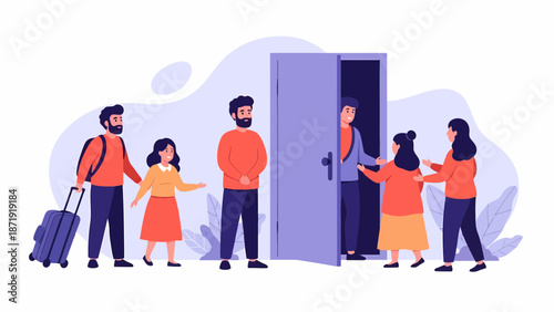 Family Arriving at a Doorway Welcomed by Hosts.