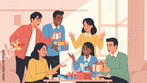 Group of Friends Celebrating with Gifts and Joyful Expressions.
